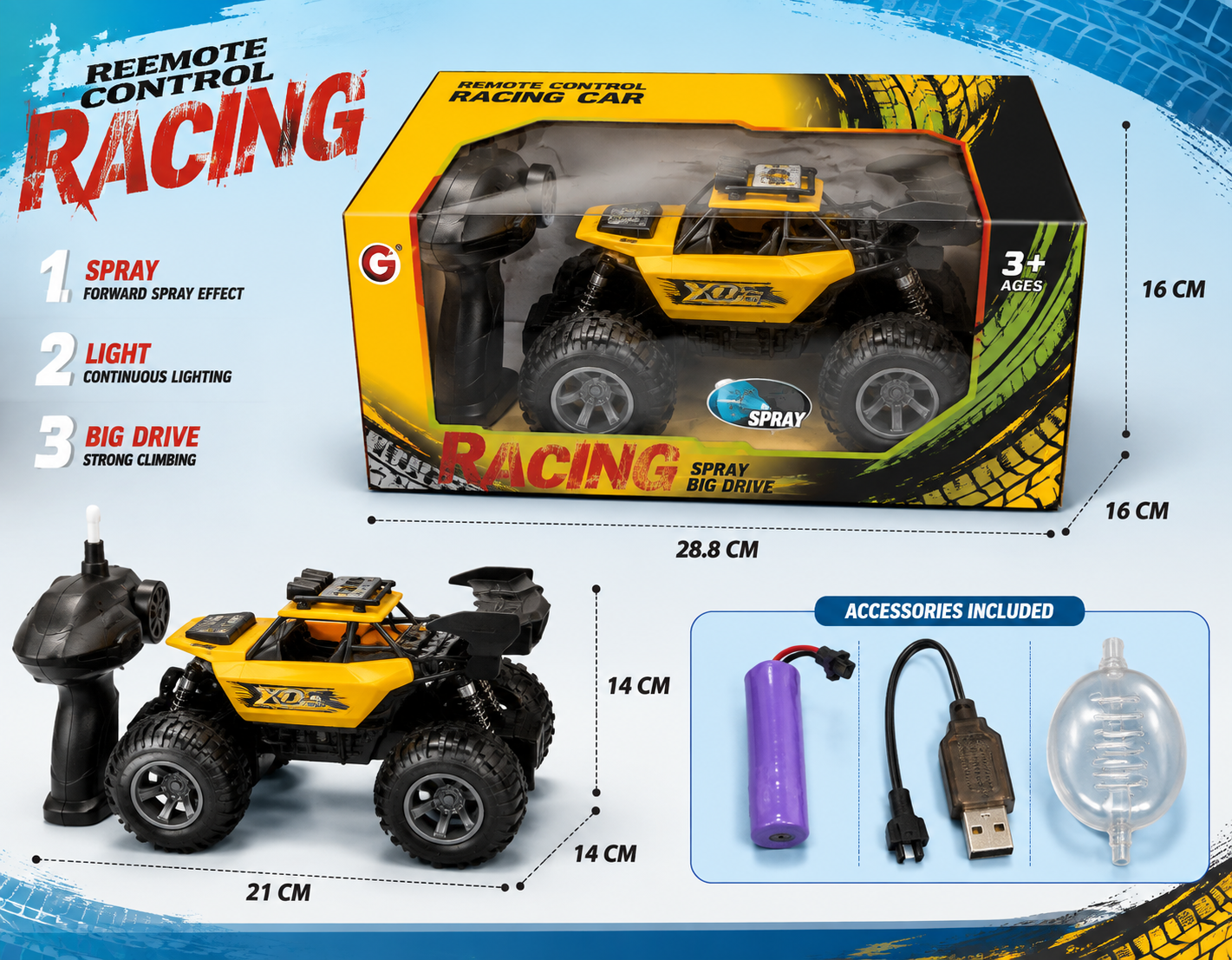 ماشین کنترلی آفرود دودزا شارژی زرد مدل Racing Spray RC Car