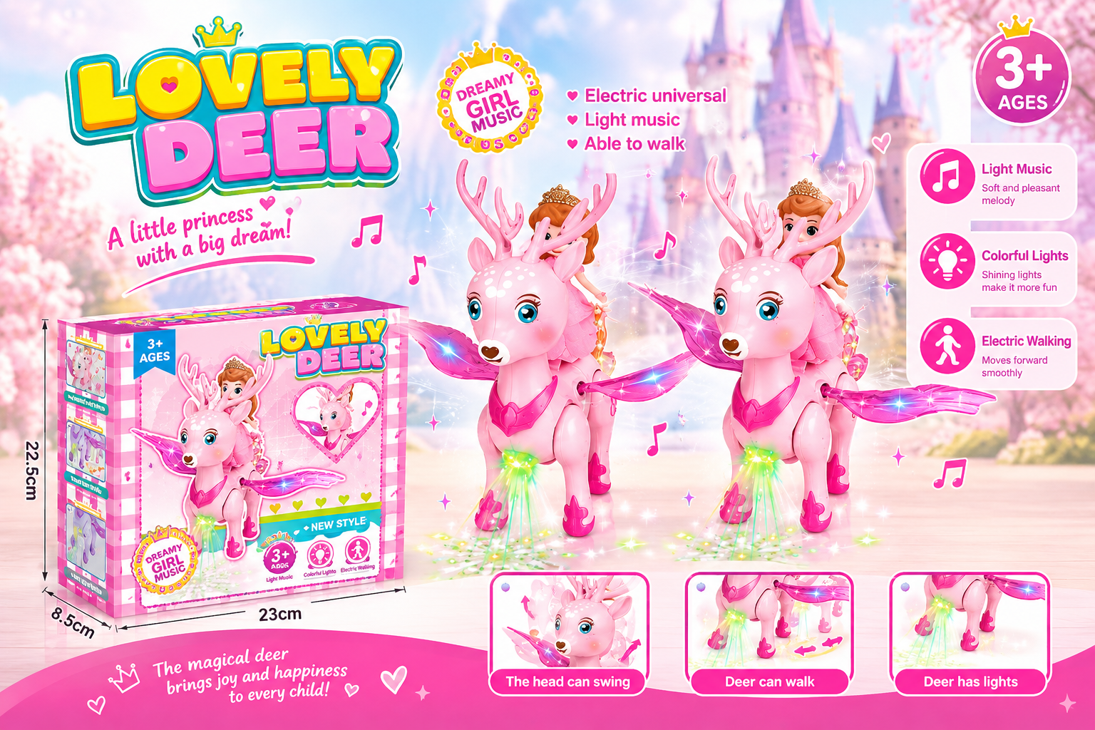 اسباب بازی گوزن پرنده Lovely Deer صورتی موزیکال چراغ‌دار